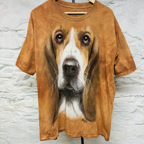 The Mountain Basset Hound Dog Tie Dye Cotton T Shirt Brown Oversized Print XL - Picture 1 of 6